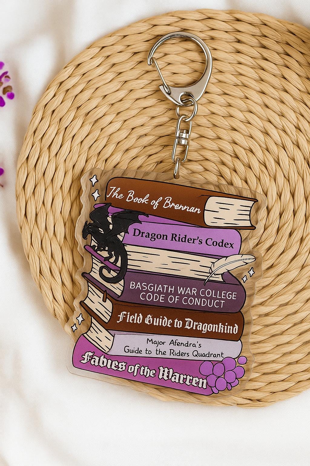 Dragon Book Stack Acrylic Keychain – Fantasy Bookish Gift, Violet Keyring, Reader Accessory, Book Lover Gift, Tauren Andarna