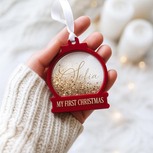 Personalised Glitter Snowglobe Bauble – Shaker Bauble - Baby’s First Christmas Ornament – Custom Name Glitter Keepsake Tree Decoration