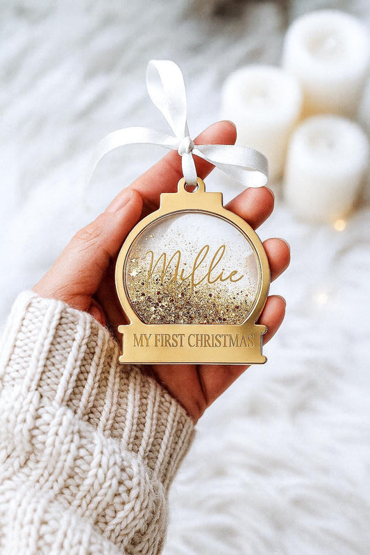 Personalised Glitter Snowglobe Bauble – Shaker Bauble - Baby’s First Christmas Ornament – Custom Name Glitter Keepsake Tree Decoration
