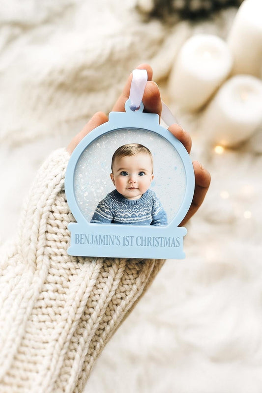 Personalised Photo Snowglobe Bauble – Glitter Shaker Bauble - Baby’s First Christmas Ornament – Custom Name Glitter Keepsake Tree Decoration