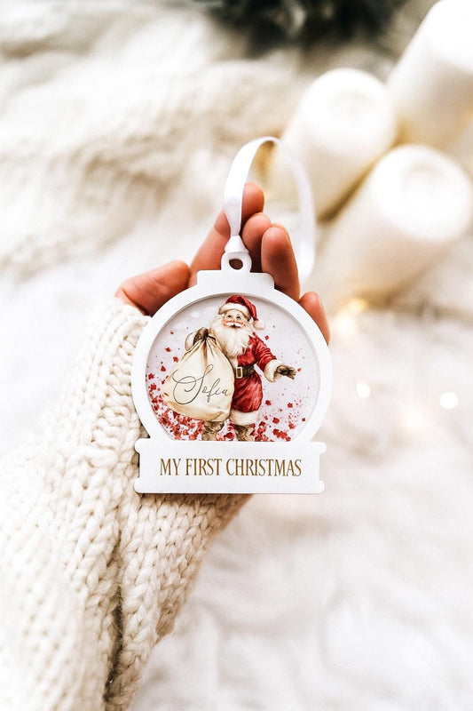 Personalised Glitter Snowglobe Bauble – Shaker Bauble - Baby’s First Christmas Ornament – Custom Name Glitter Keepsake Tree Decoration