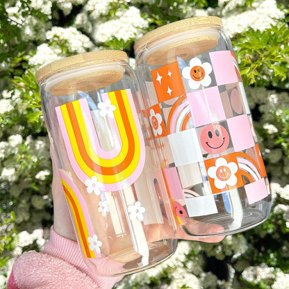 70S VINTAGE RAINBOW AND FLOWERS 16OZ GLASS CAN
