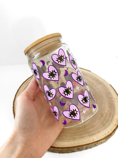 PURPLE EVIL EYE 16OZ GLASS CAN
