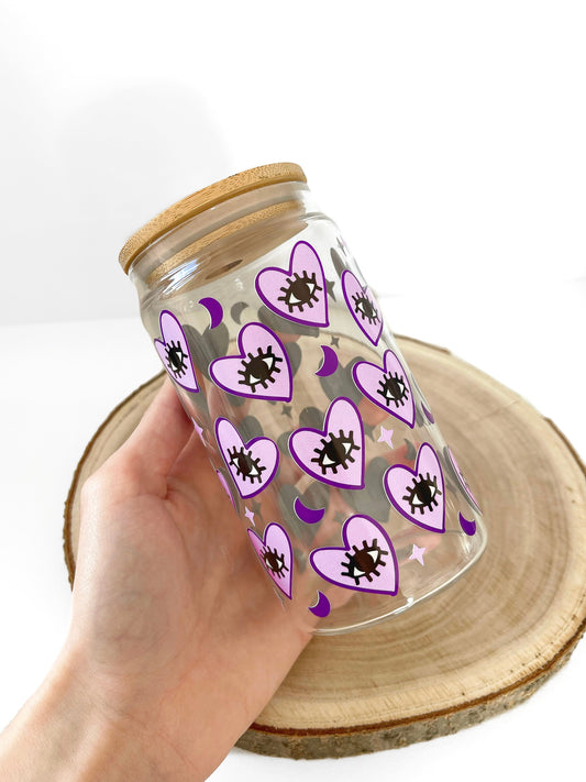 PURPLE EVIL EYE 16OZ GLASS CAN