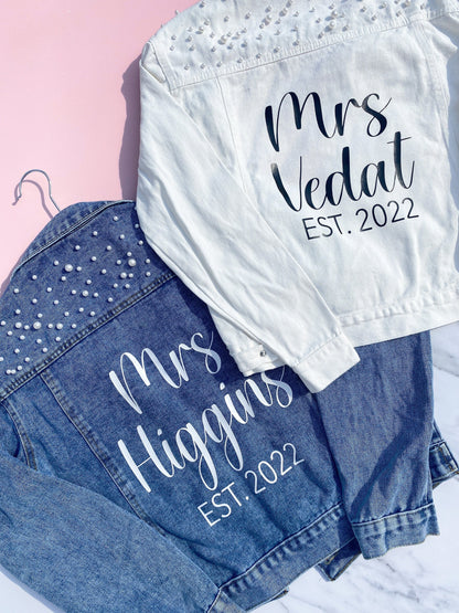 PERSONALISED WEDDING JEAN JACKET WITH PEARLS
