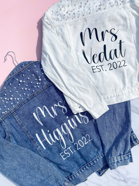 PERSONALISED WEDDING JEAN JACKET WITH PEARLS