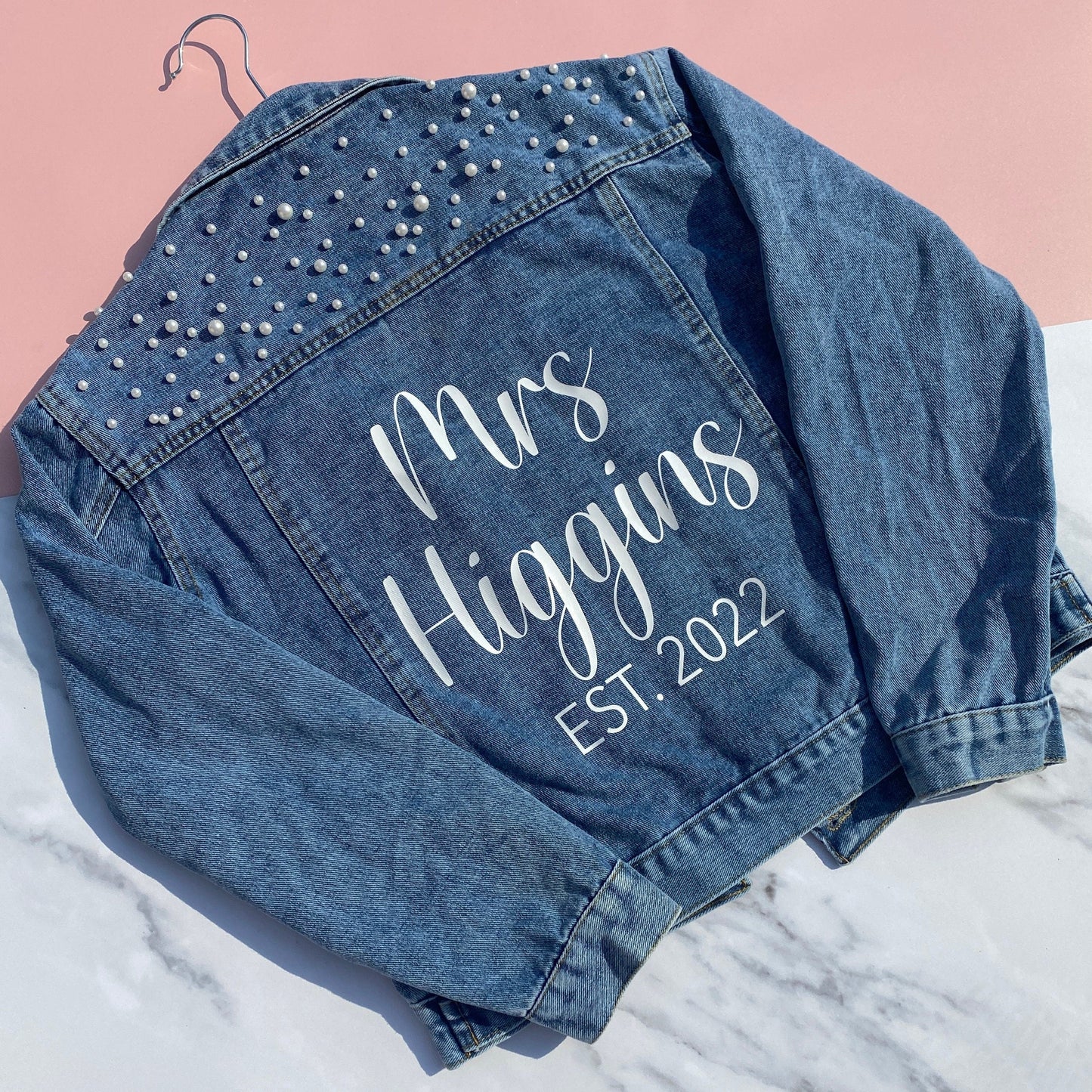 PERSONALISED WEDDING JEAN JACKET WITH PEARLS