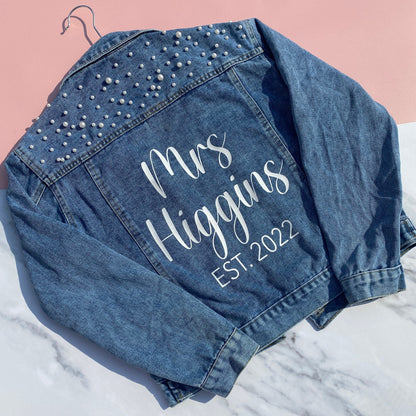 PERSONALISED WEDDING JEAN JACKET WITH PEARLS