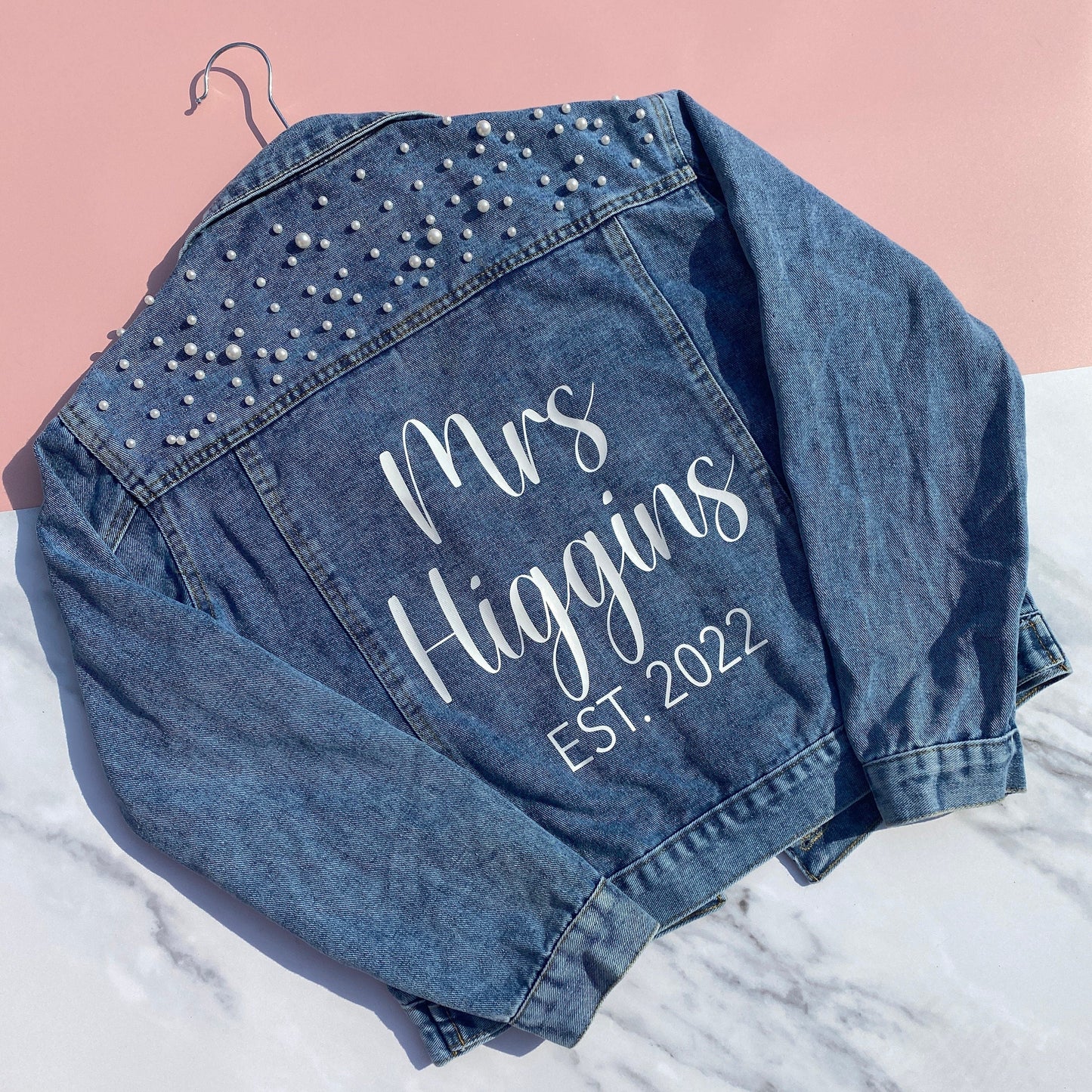 PERSONALISED WEDDING JEAN JACKET WITH PEARLS