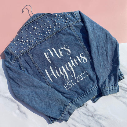 PERSONALISED WEDDING JEAN JACKET WITH PEARLS