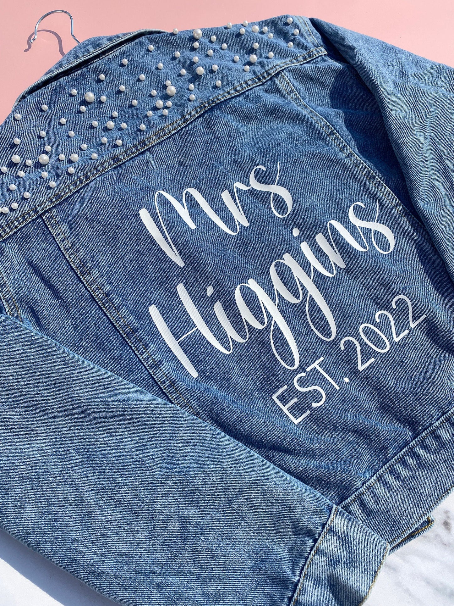 PERSONALISED WEDDING JEAN JACKET WITH PEARLS