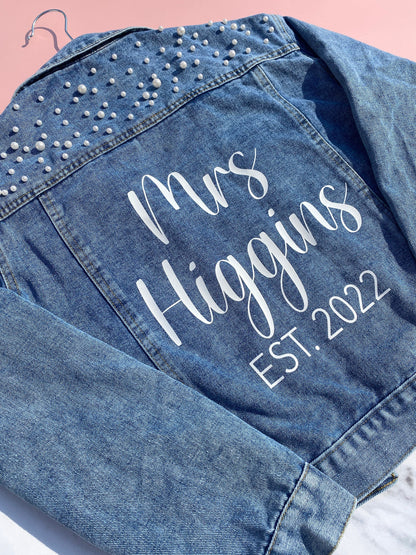 PERSONALISED WEDDING JEAN JACKET WITH PEARLS