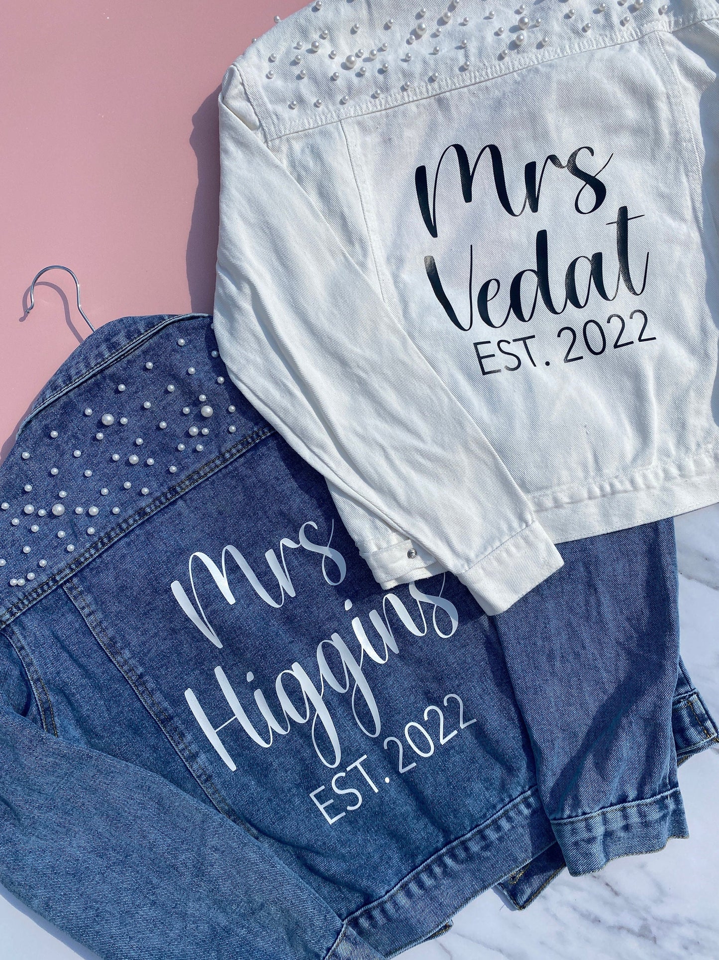 PERSONALISED WEDDING JEAN JACKET WITH PEARLS