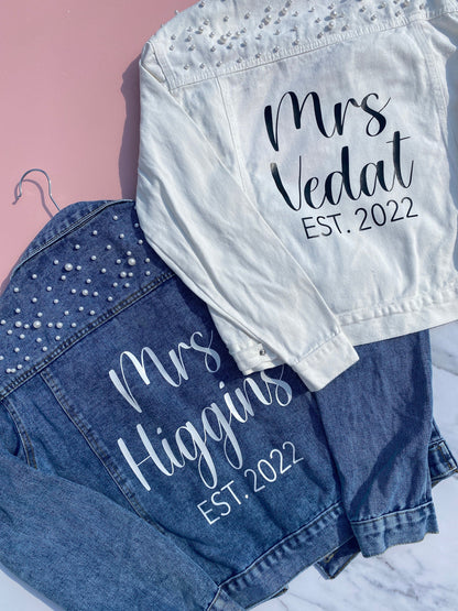 PERSONALISED WEDDING JEAN JACKET WITH PEARLS